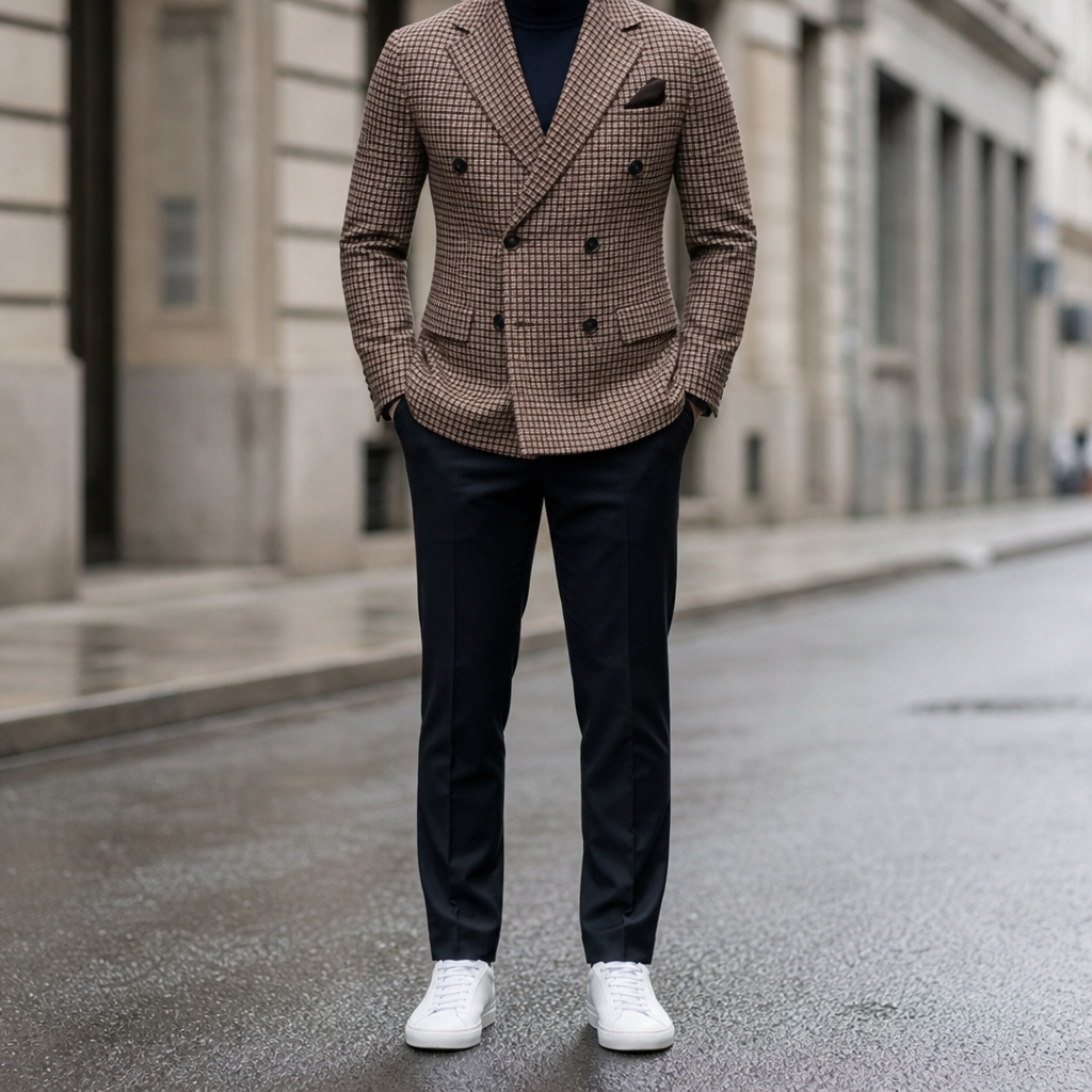 Formentor Double-Breasted Check Blazer in Brown