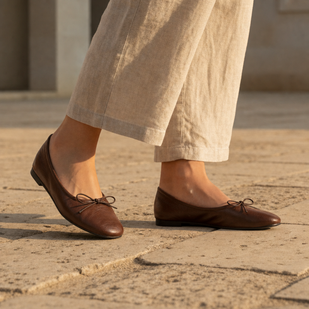 Syros Leather Bow Ballet Flats in Brown