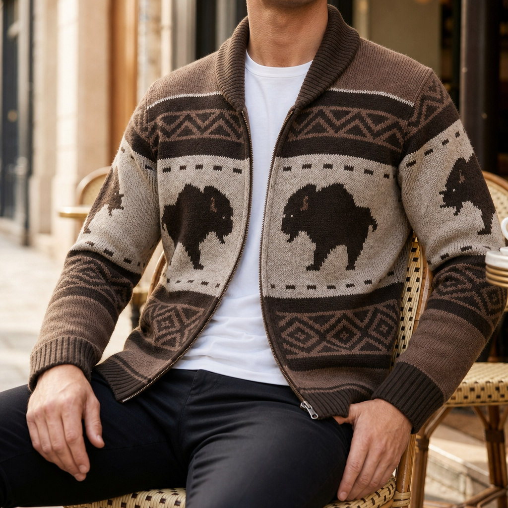 Santa Margherita Bison Jacquard Zip Cardigan in Mocha Brown