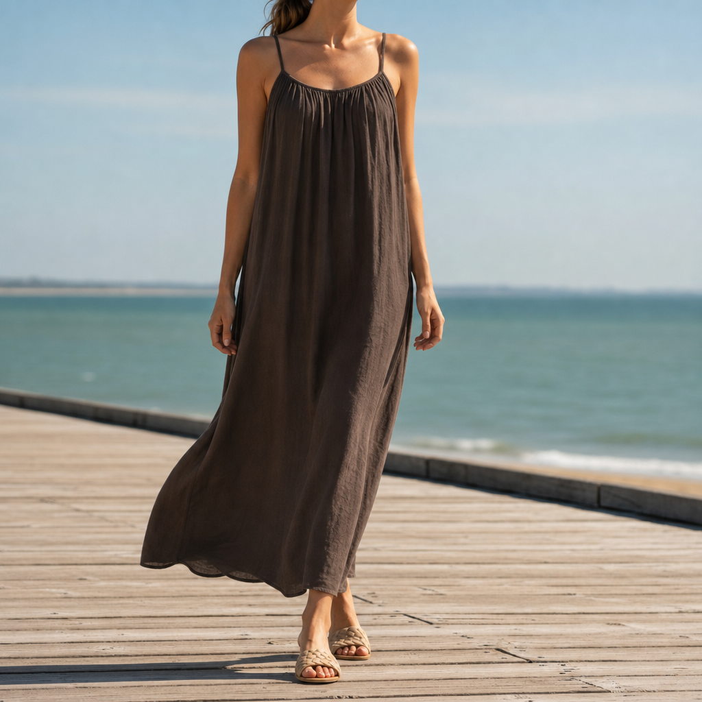 Erice Backless Linen Maxi Dress in Brown