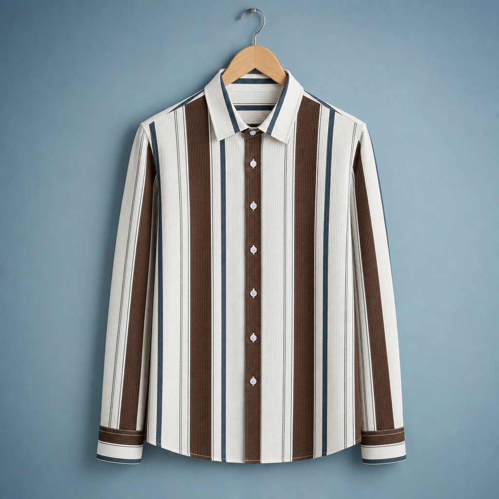 Hyeres Striped Waffle Dress Shirt in Ivory Brown Stripe