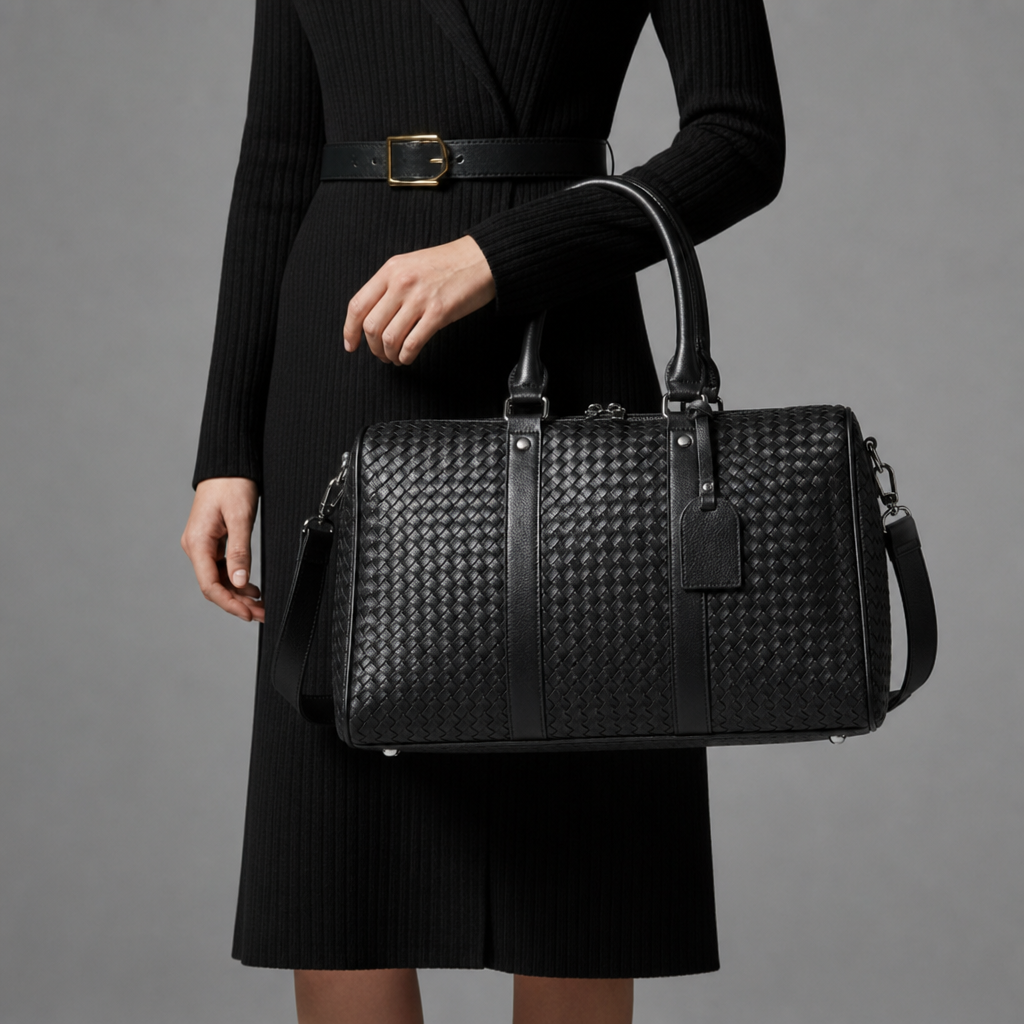 Guimaraes Woven Leather Duffle Bag in Black