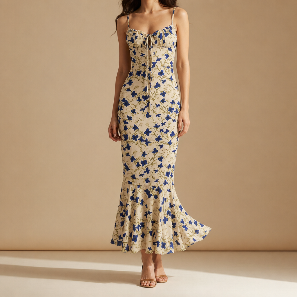 Kefalonia Floral Ruffle Maxi Dress in Buttercream Blue Floral
