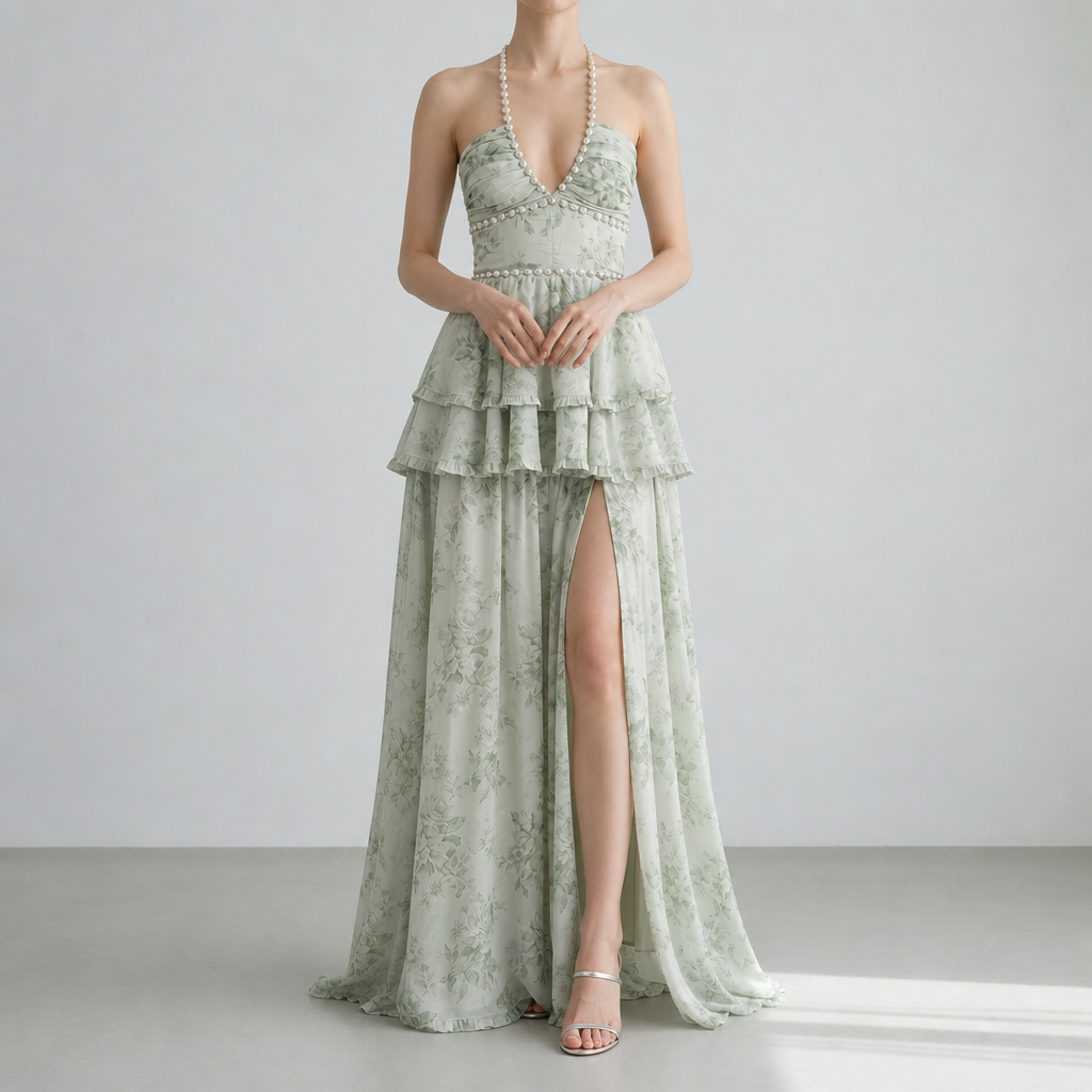 Estoril Floral Ruffle Maxi Dress in Pale Sage Green