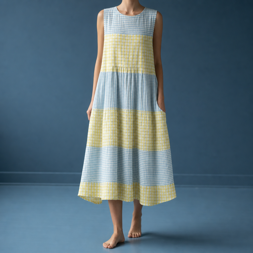 Valldemossa Plaid Tiered Midi Dress in Blue & Yellow Plaid