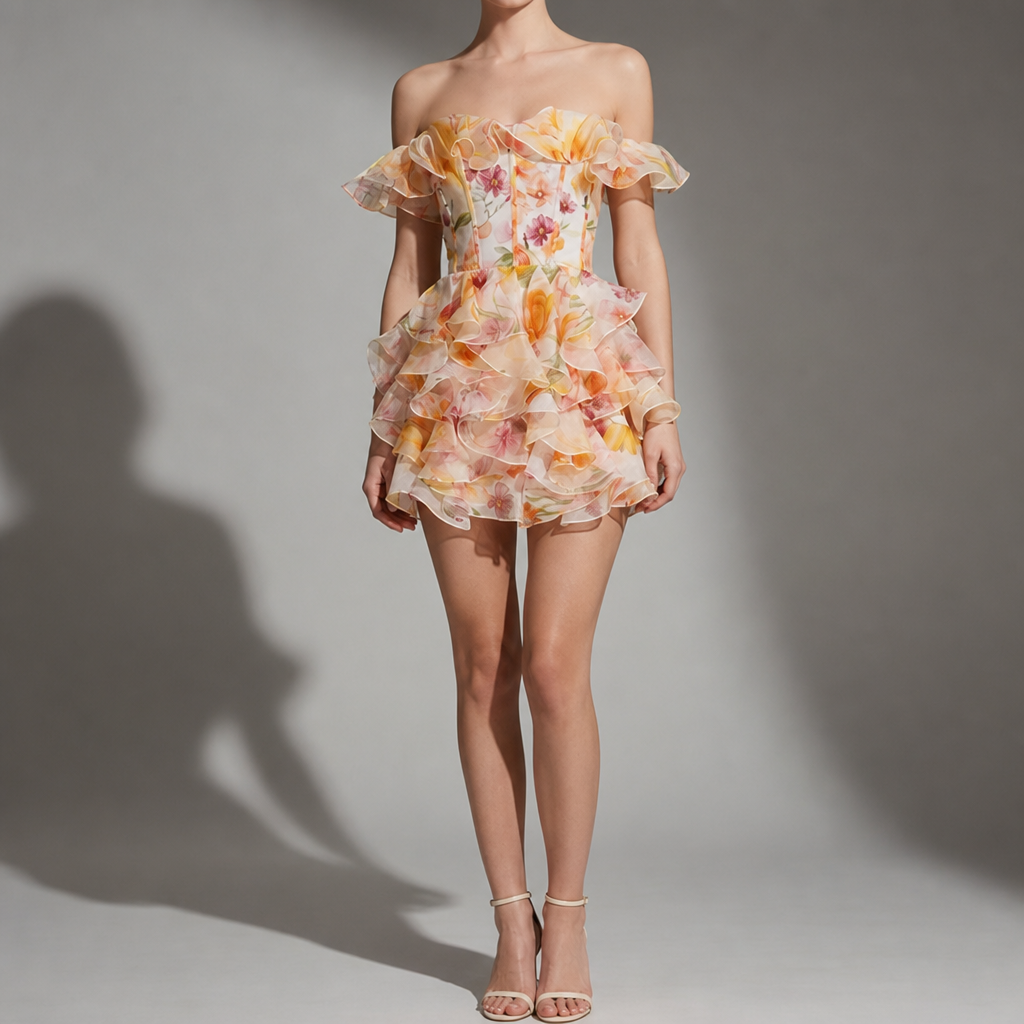 Limassol Floral Ruffle Mini Dress in Peach Blush Floral