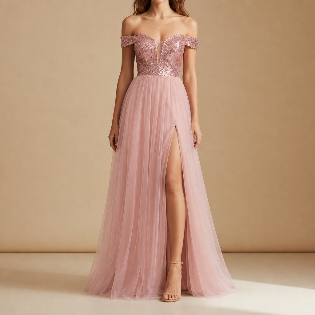 Ronda Sequin Tulle Maxi Dress in Pink