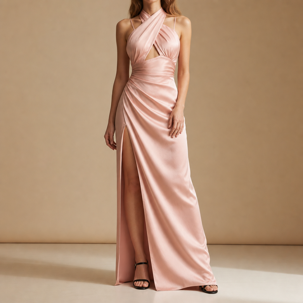 Skiathos Halter Cutout Slit Gown in Pink