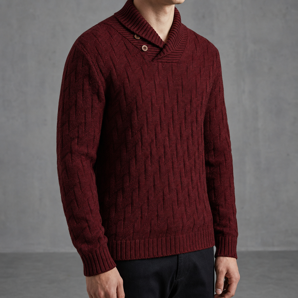 Soller Shawl Collar Knit Sweater in Burgundy