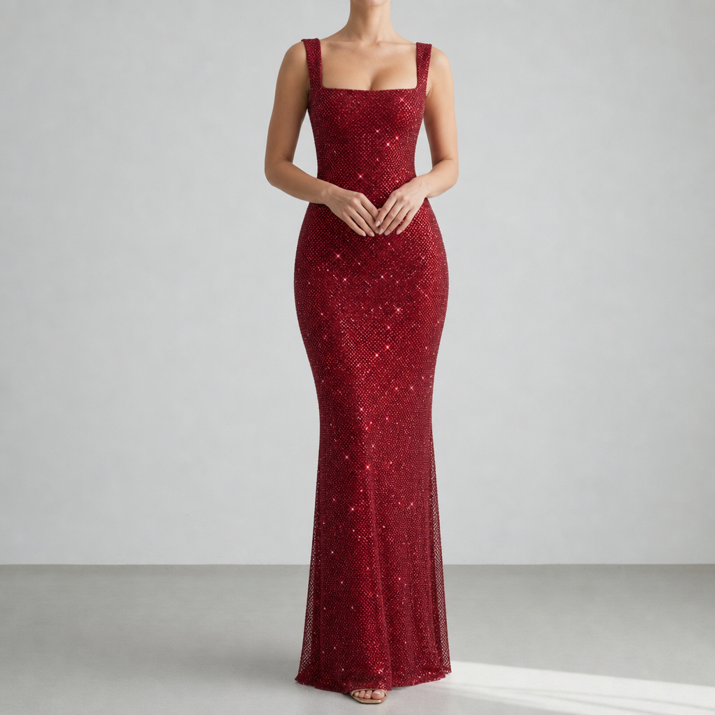 Montepulciano Backless Sequin Evening Gown in Red