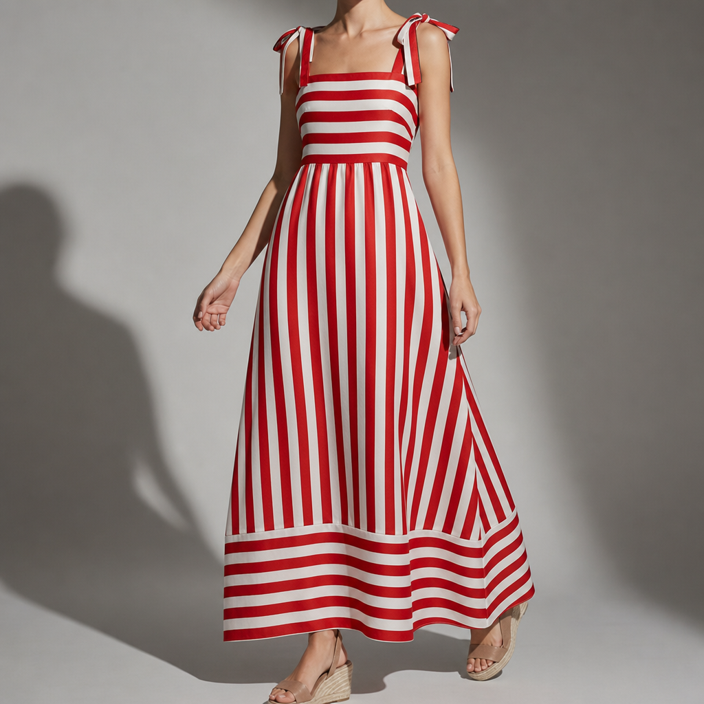 Nisyros Striped Tie-Strap Maxi Dress in Red