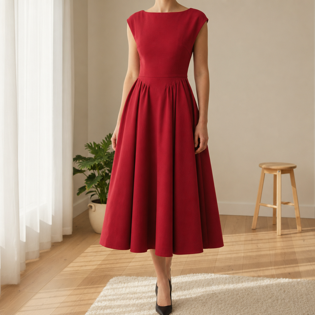 Lucca Pleated A-Line Midi Dress in Red