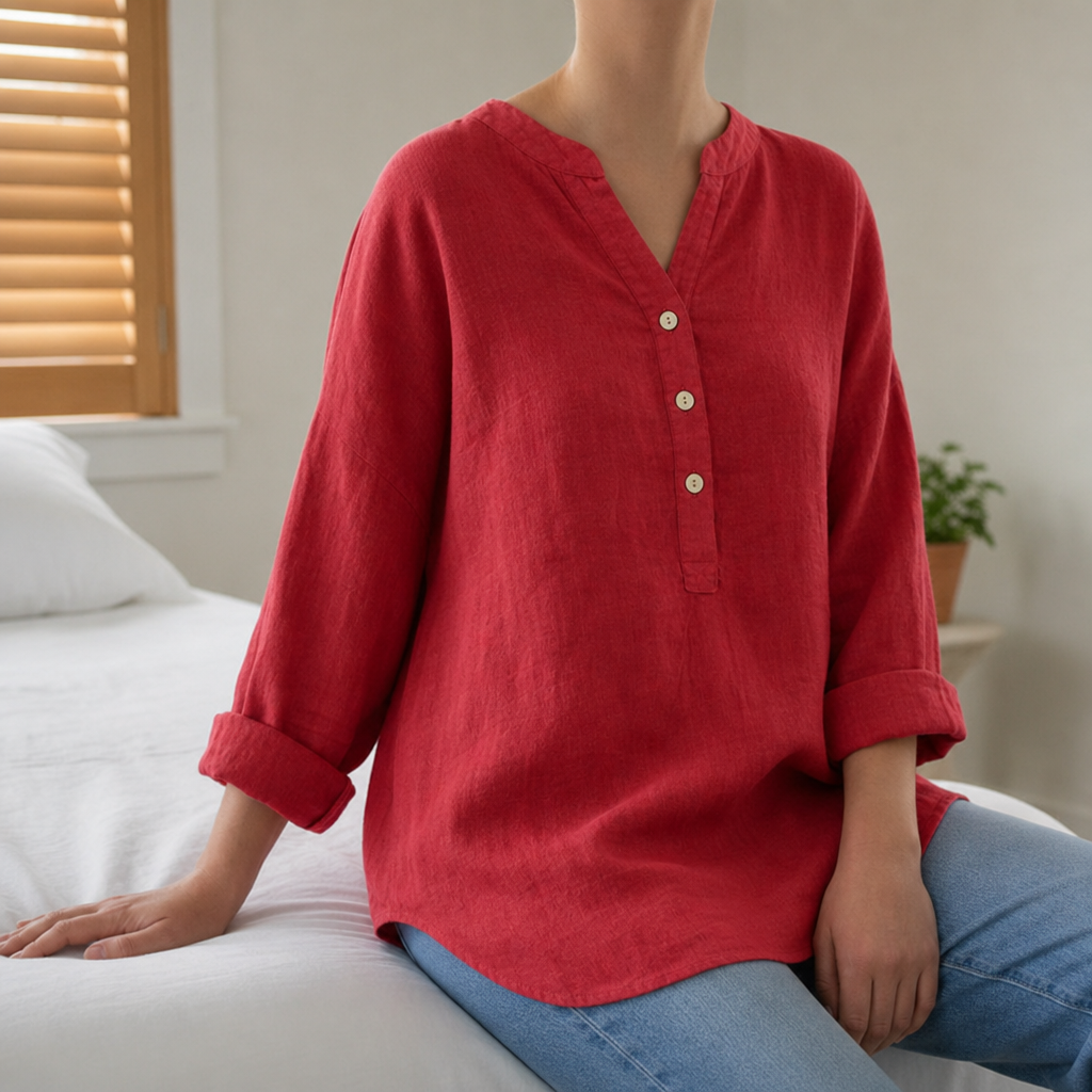 Kos Linen Button-Up Tunic in Red