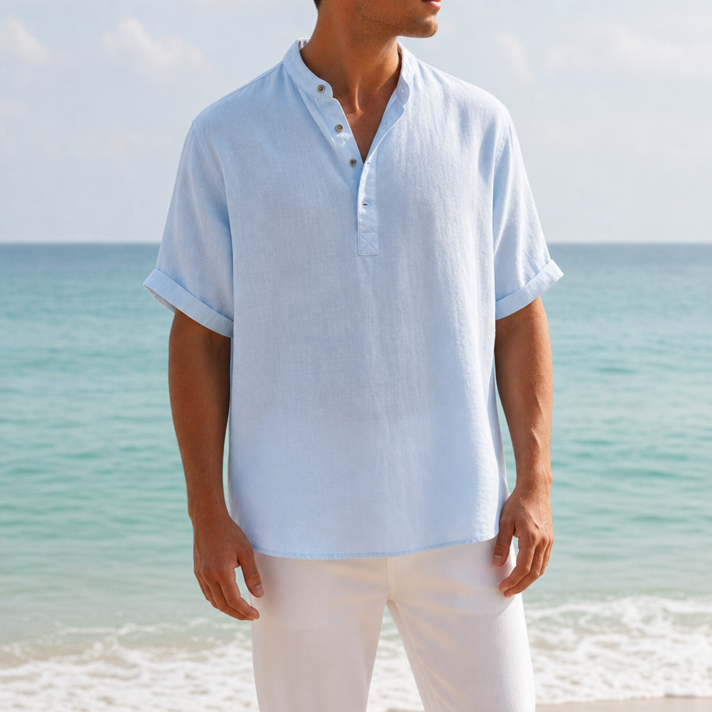 Porquerolles Linen Henley Shirt in Sky Blue
