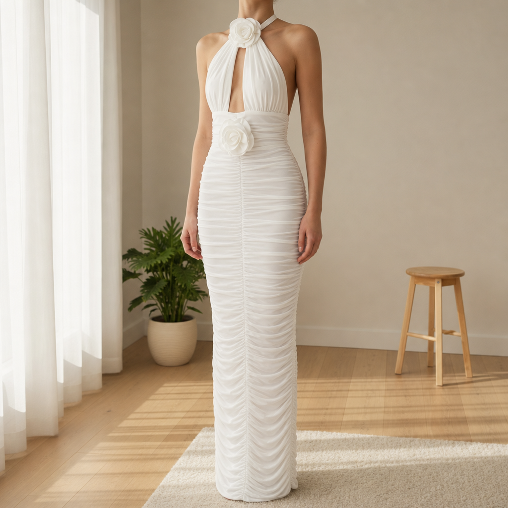 Bonifacio Ruched Halter Maxi Dress in White