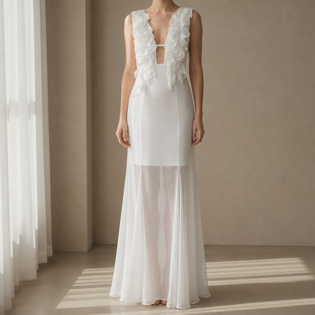 Viana Ruffle Mesh Maxi Dress in White