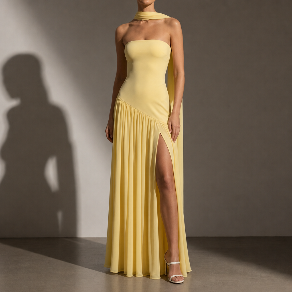 Leros Strapless Slit Maxi Dress in Yellow
