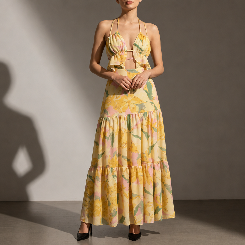 Antibes Floral Cutout Maxi Dress in Yellow