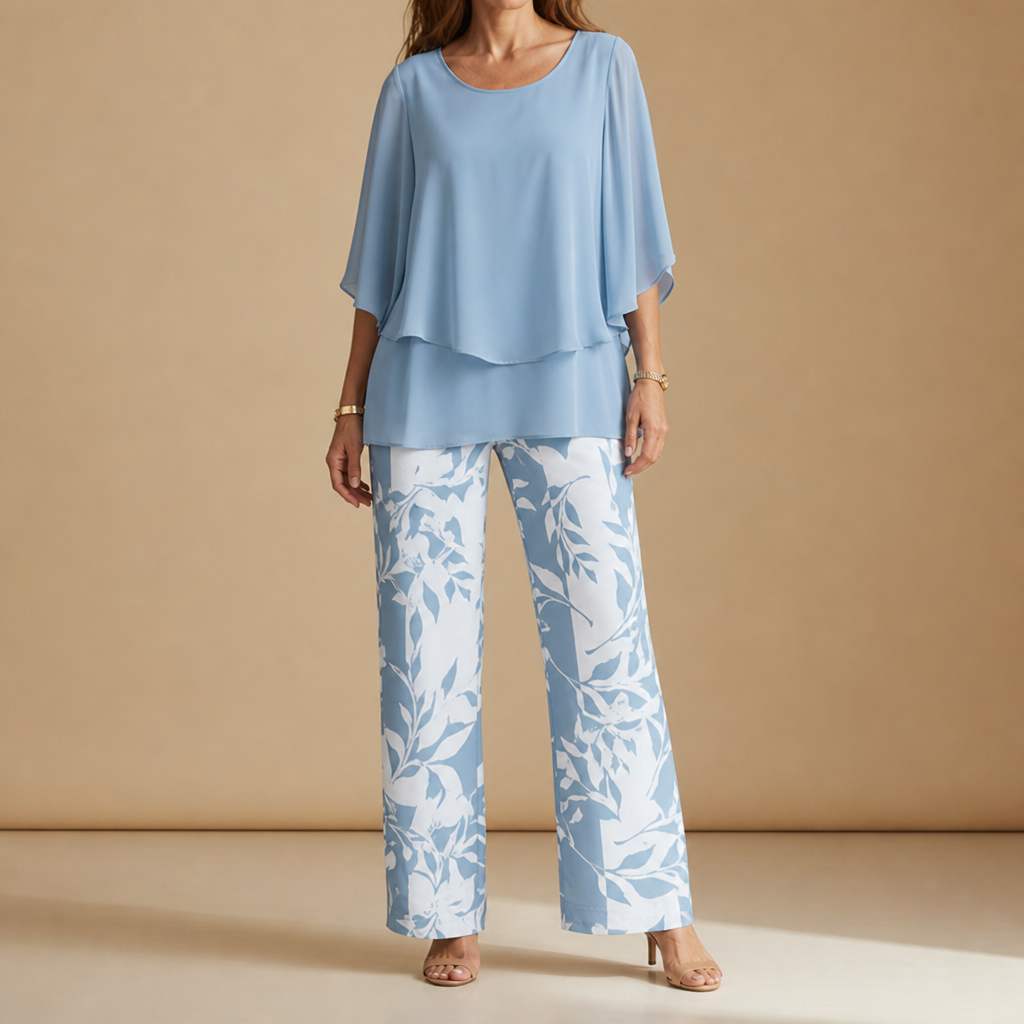 Marenzo Floral Chiffon Two-Piece Set in Powder Blue