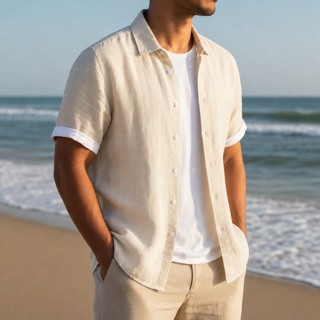 Nerja Linen Short Sleeve Shirt in Beige