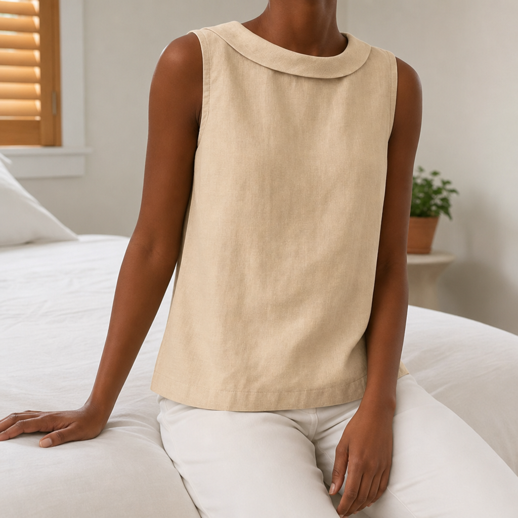 Delphi Roll Collar Sleeveless Blouse in Beige