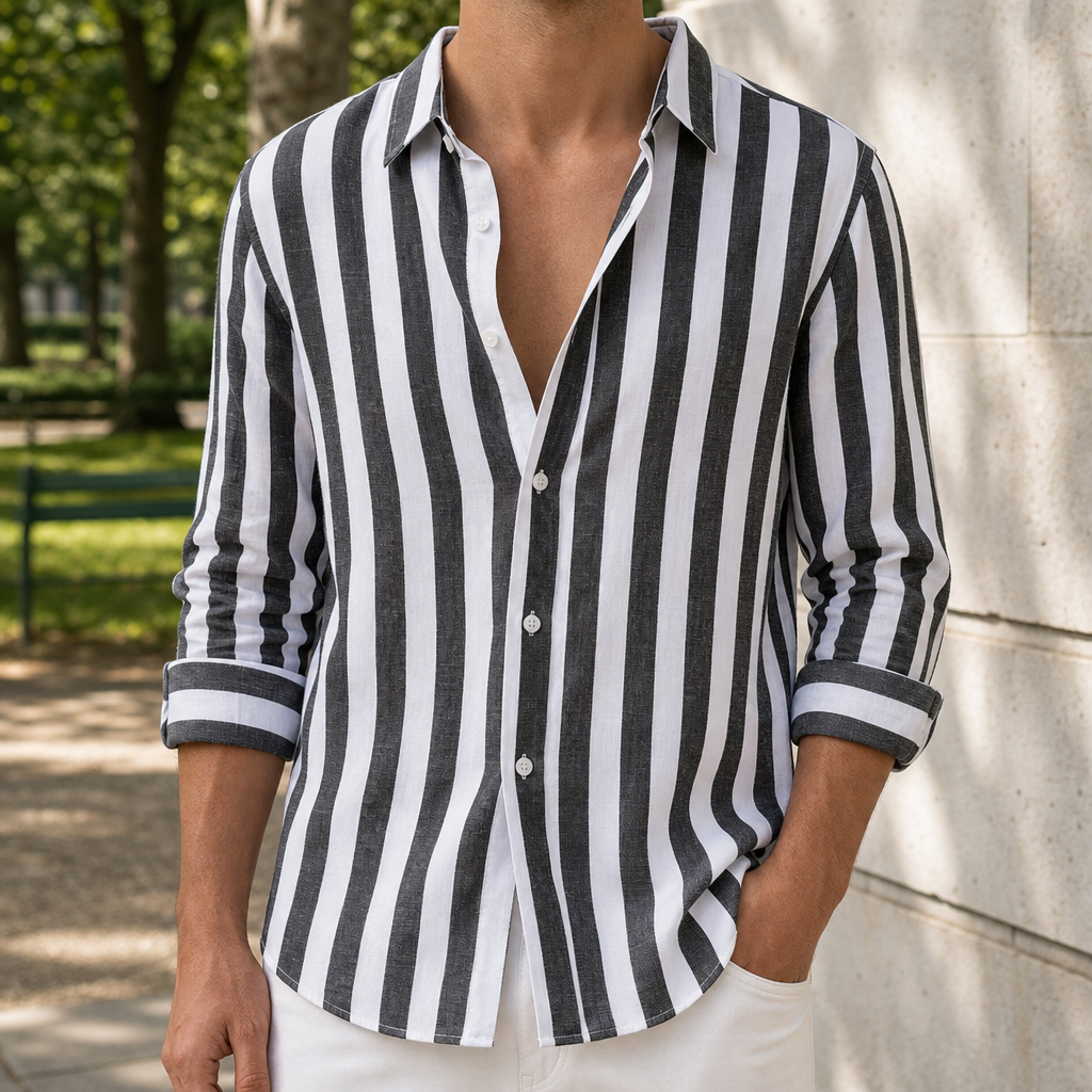 Olviera Striped Linen Button-Up in Black
