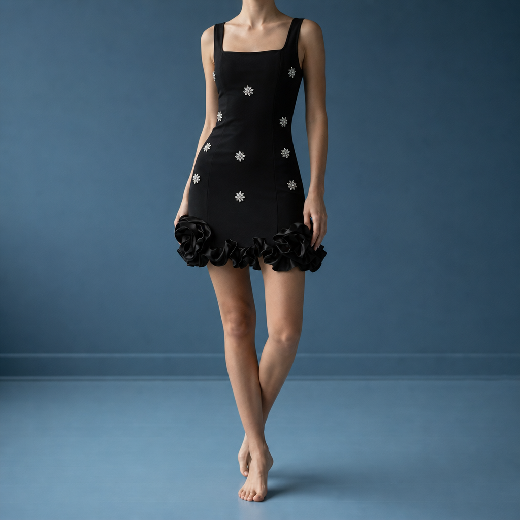 Monsaraz Rhinestone Ruffle Hem Mini Dress in Black