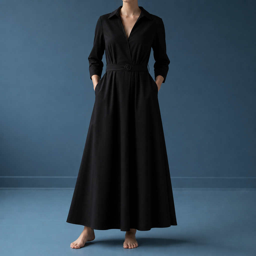 Otranto Belted Shirt Midi Dress in Black