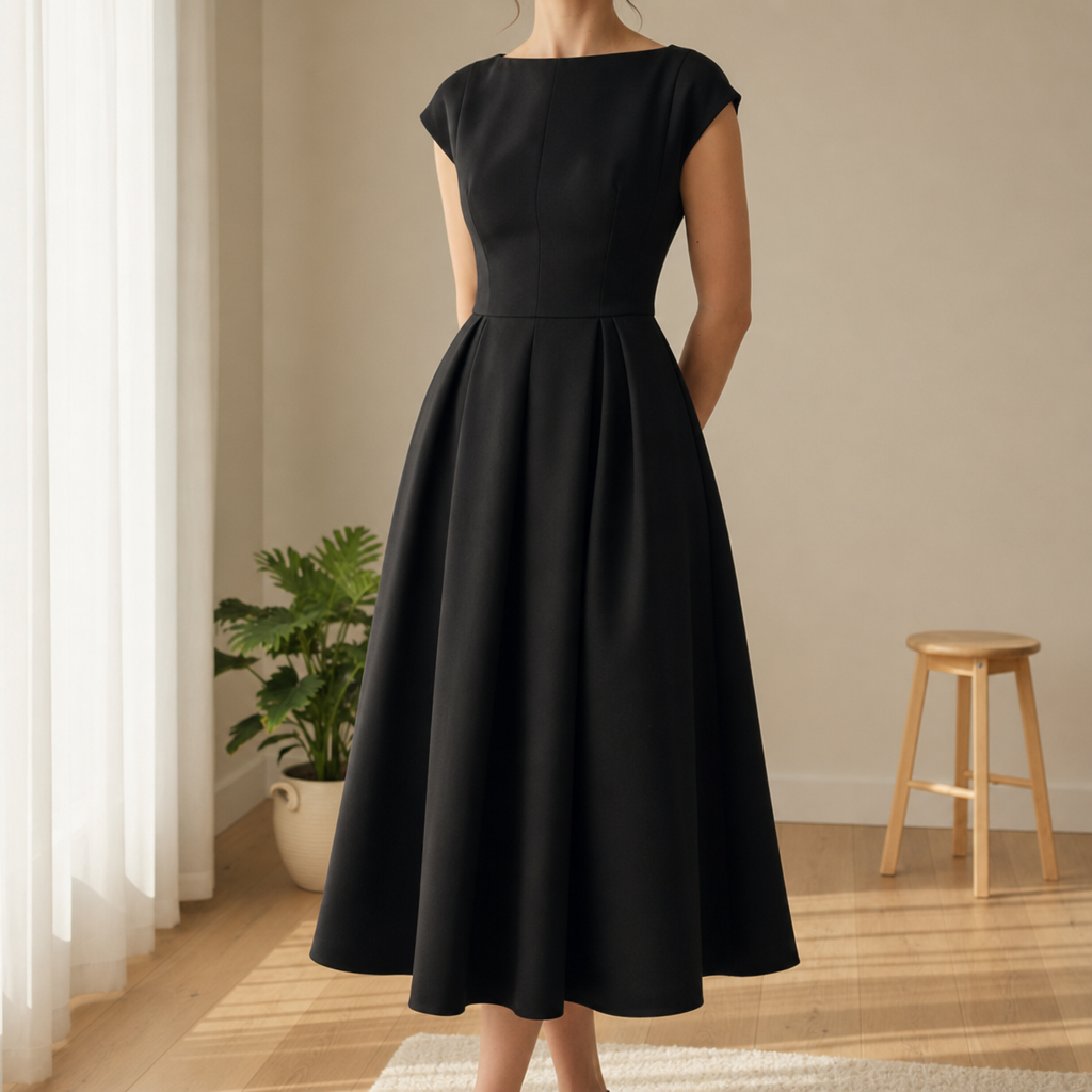 Lucca Pleated A-Line Midi Dress in Black