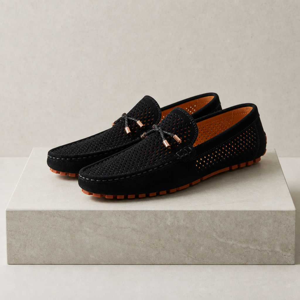 Lourmarin Perforated Suede Loafers in Black