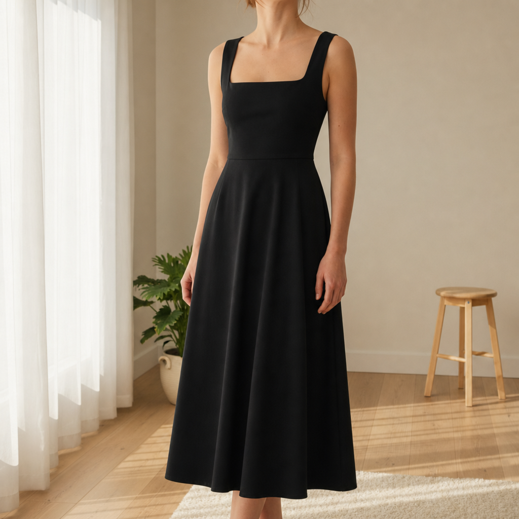 Malaga Square Neck Flare Dress in Black