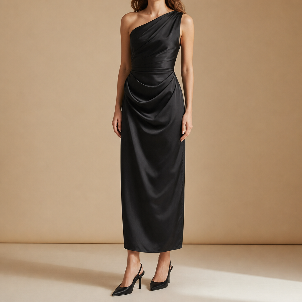 Figueres Ruched Satin Midi Dress in Black