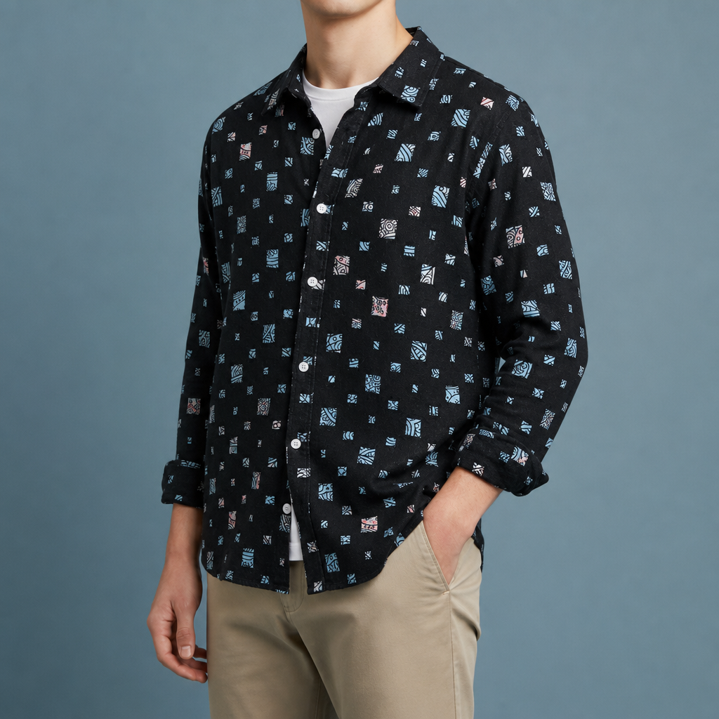 Ceret Printed Frayed Shirt in Black