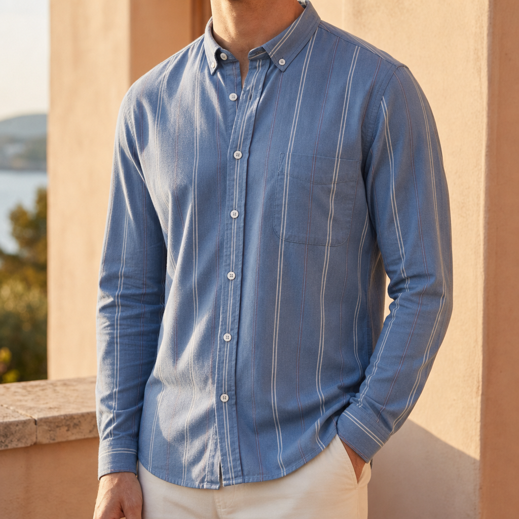 Folegandros Striped Button-Up Shirt in Dusty Blue Stripe