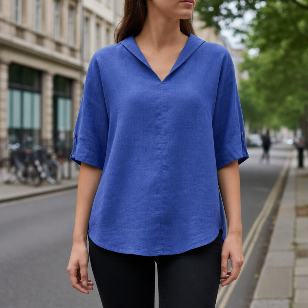 Ferrara V-Neck Linen Blouse in Blue