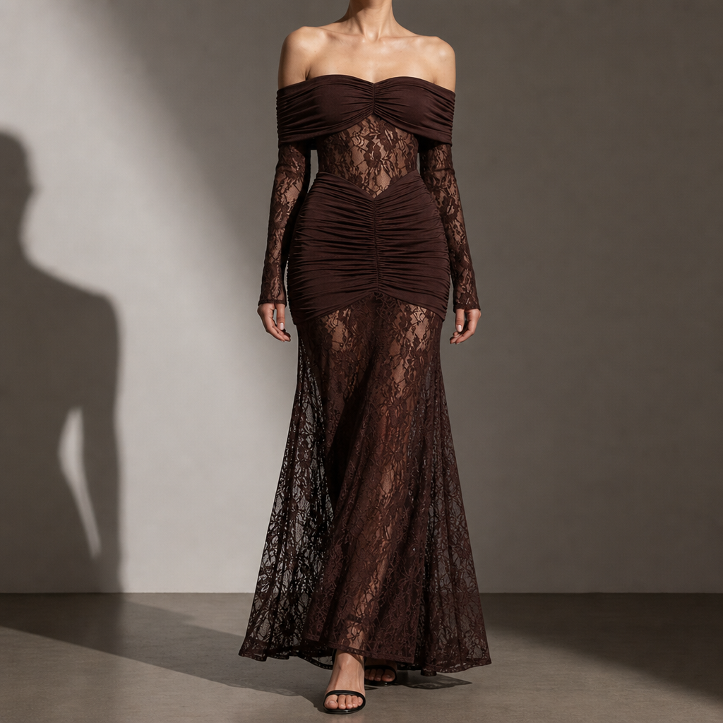 Nazare Lace Off-Shoulder Maxi Dress in Brown
