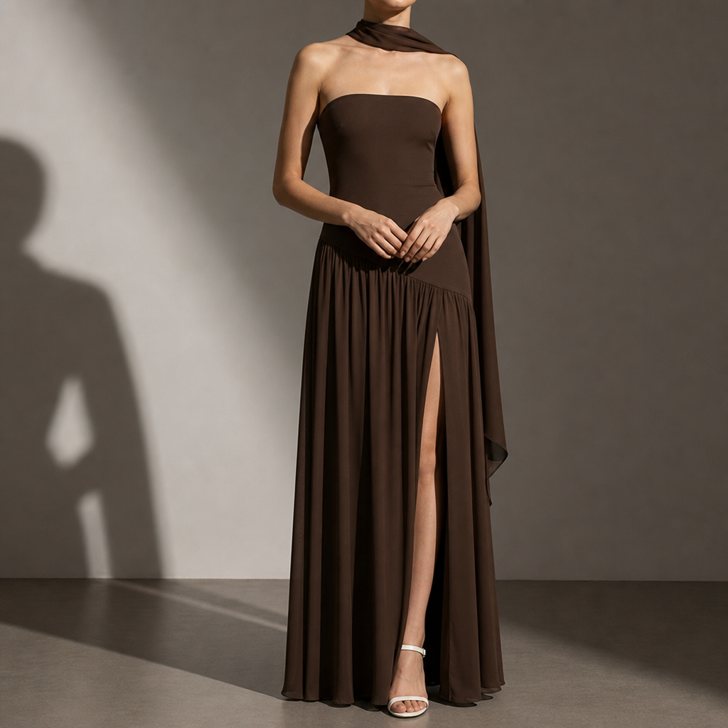 Leros Strapless Slit Maxi Dress in Coffee Brown