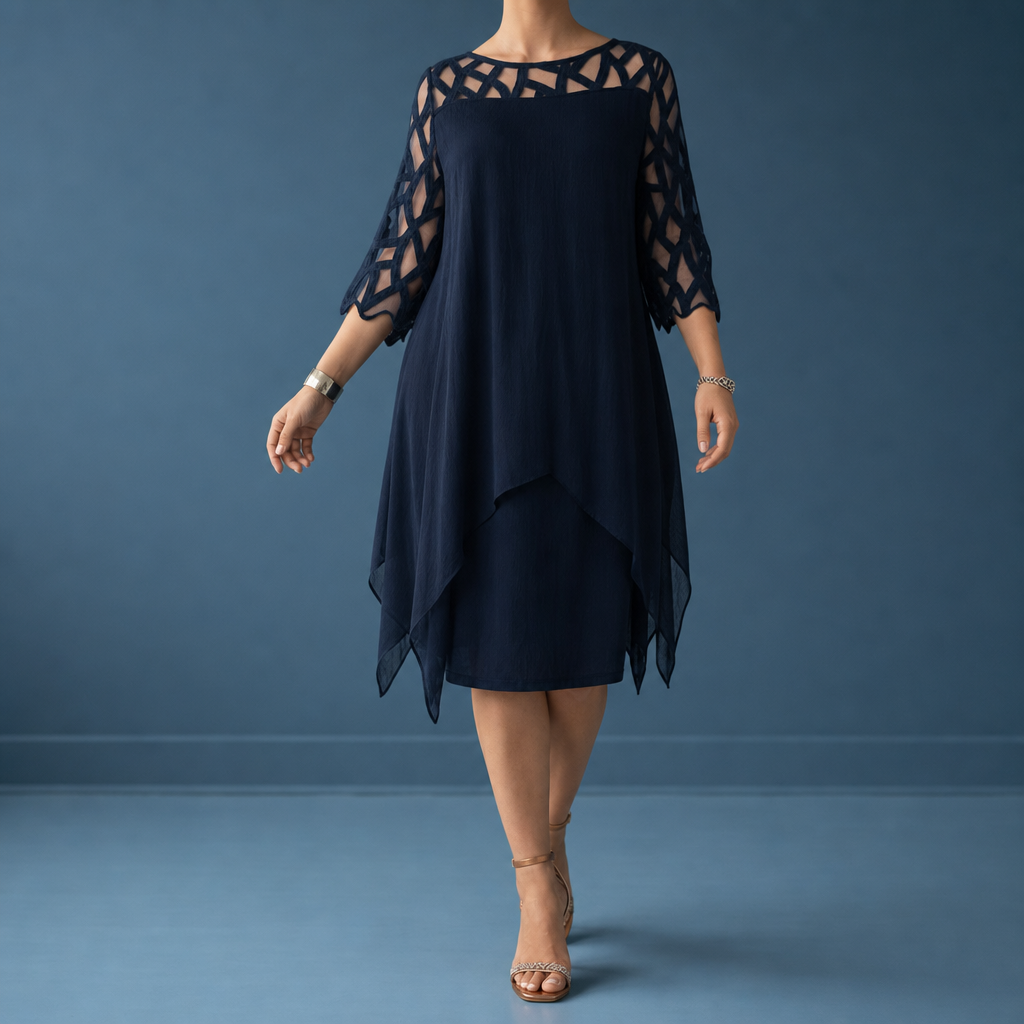 Gallipoli Lace Sleeve Chiffon Dress in Deep Blue