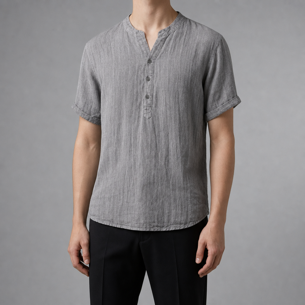 Trento Linen Henley Shirt in Charcoal Gray