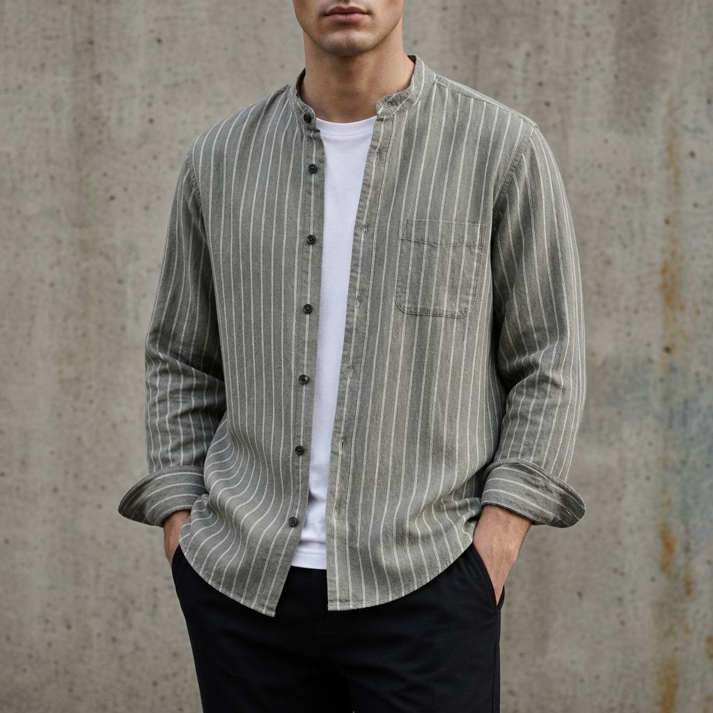 Bergamo Striped Mandarin Collar Shirt in Olive Gray