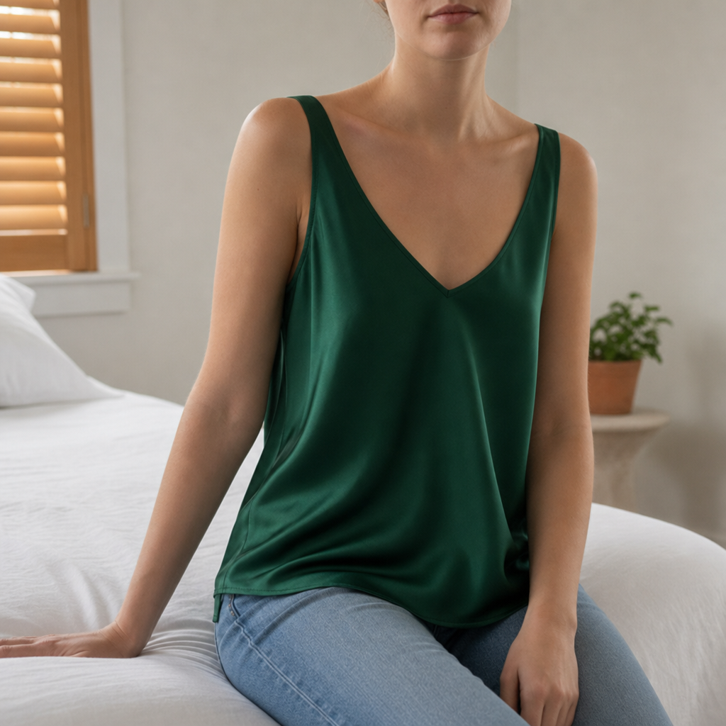 Methoni Satin V-Neck Camisole in Green