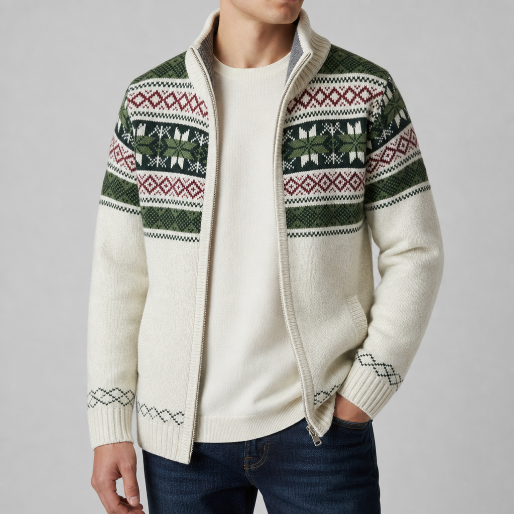 Obidos Nordic Fleece-Lined Cardigan in Ivory Green