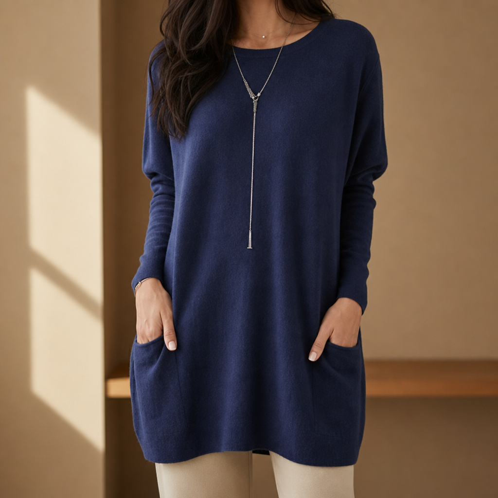 Sarentina Relaxed Pocket Tunic Sweater in Navy Blue