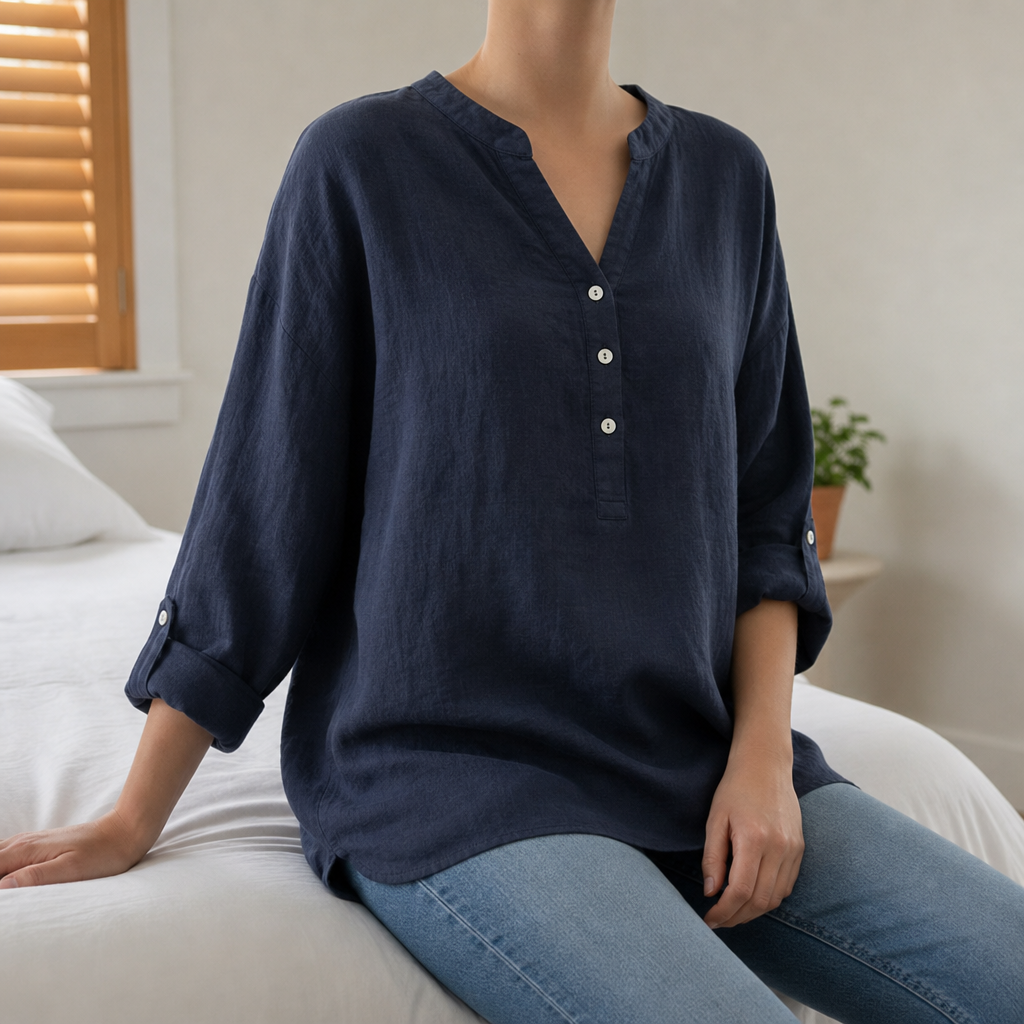 Kos Linen Button-Up Tunic in Navy Blue