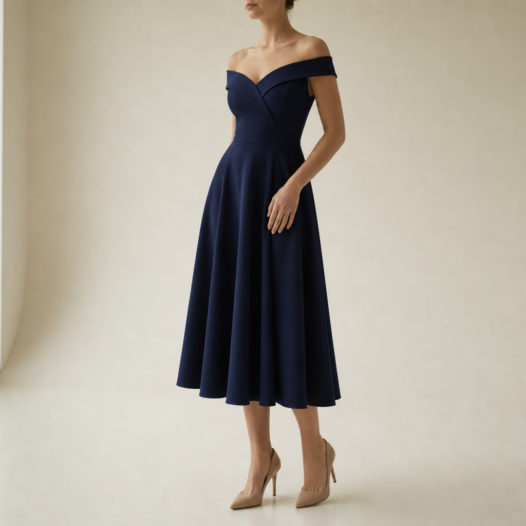 Milos Off-Shoulder A-Line Midi Dress in Navy