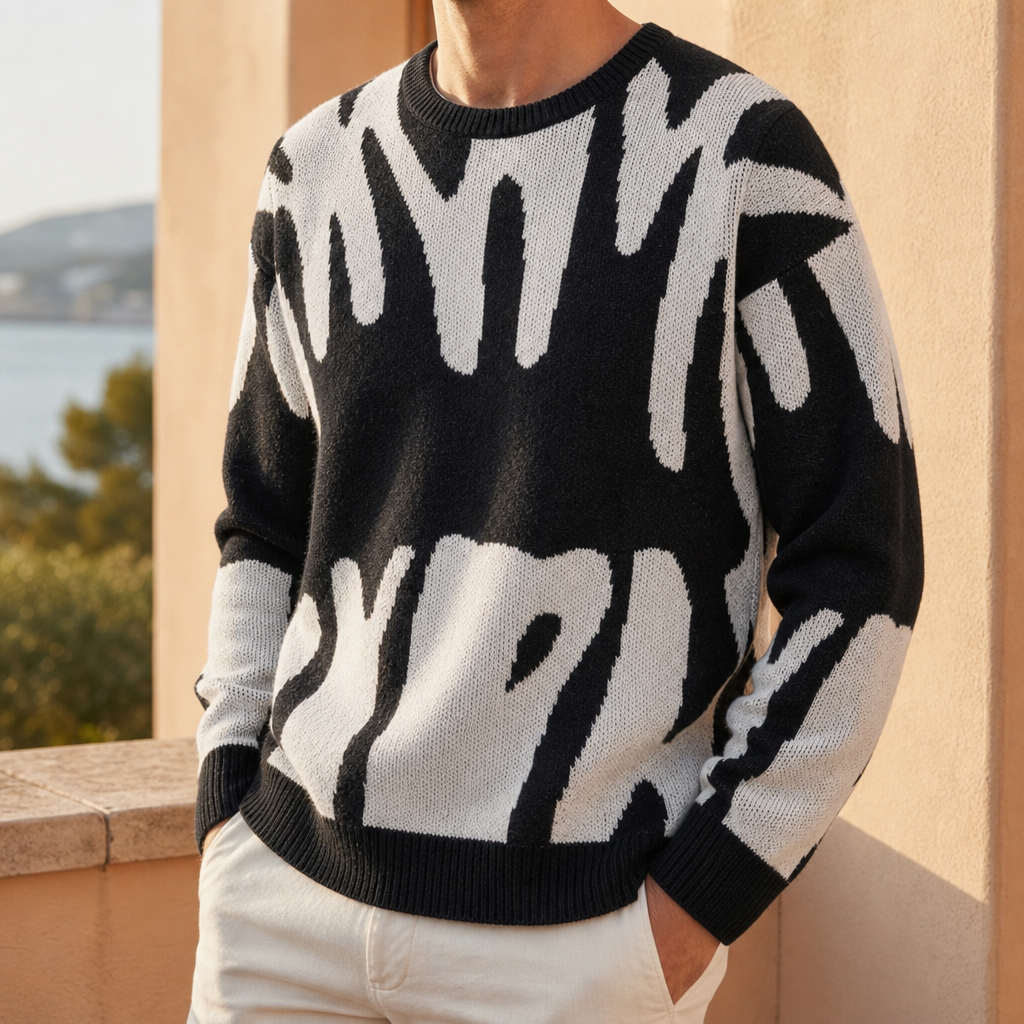 Larnaca Abstract Crewneck Knit Sweater in Black