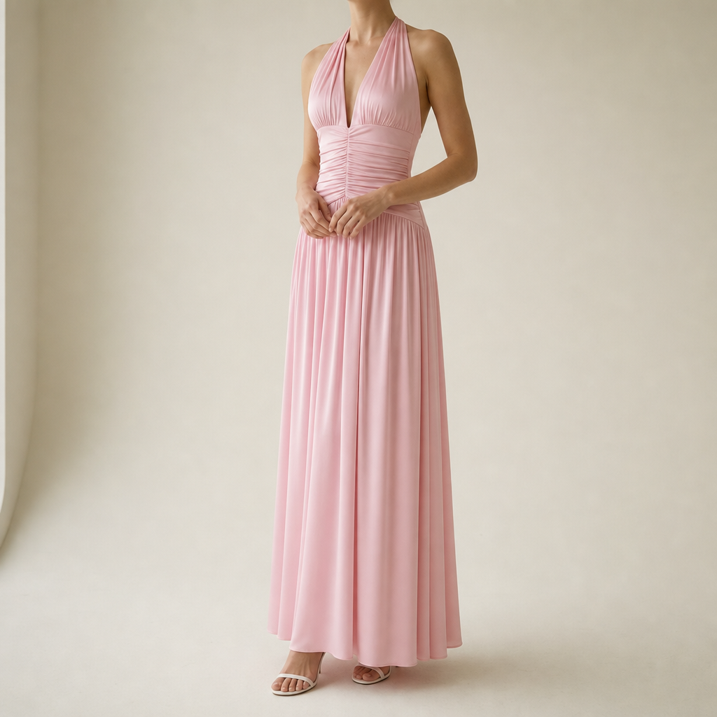 Beziers Ruched Halter Maxi Dress in Pink