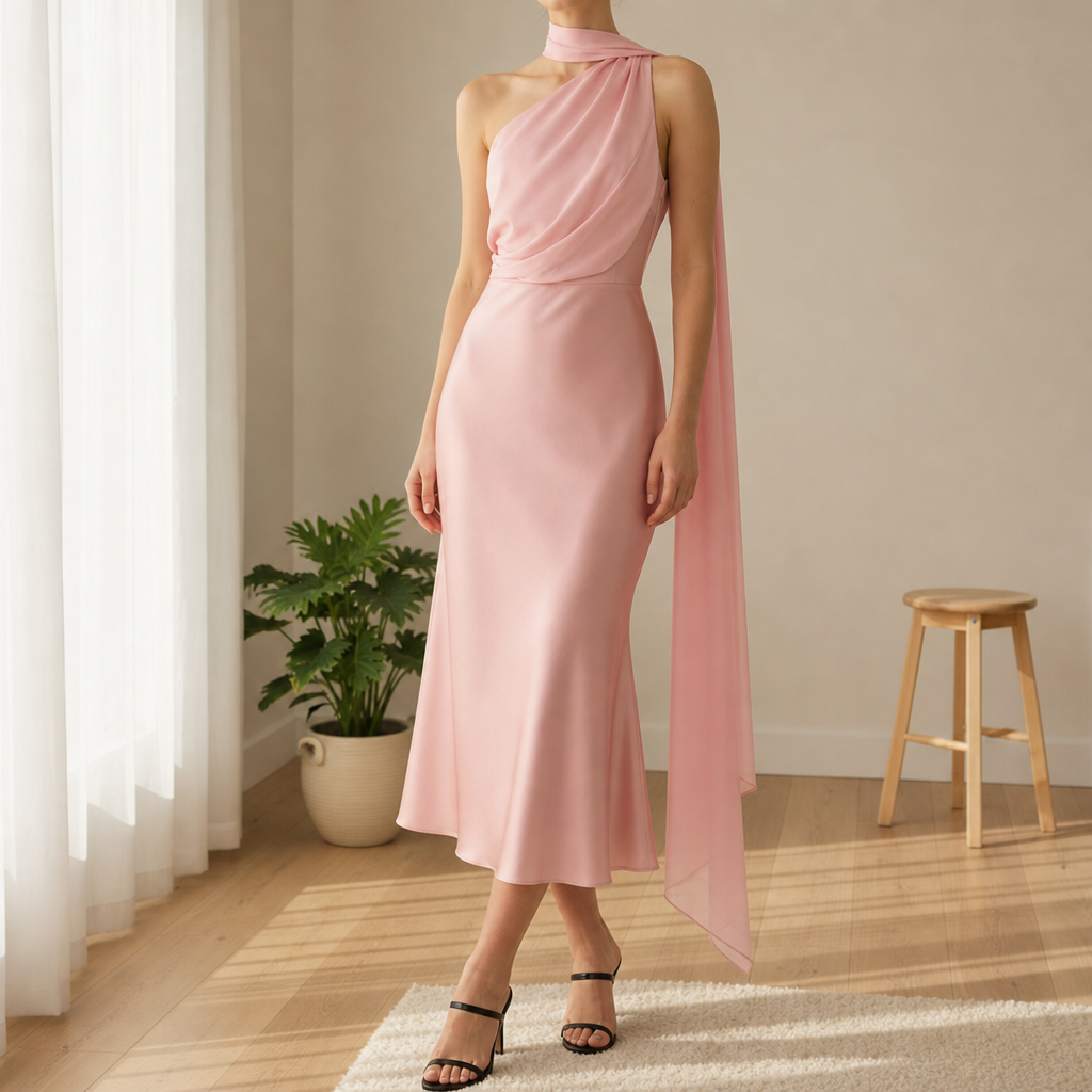 Orvieto Satin Mermaid Midi Dress in Pink