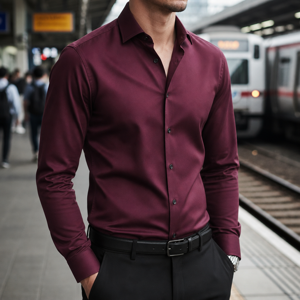 Funchal Slim Fit Dress Shirt in Red Wine
