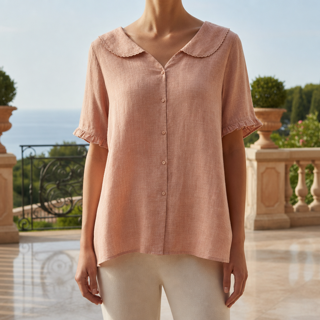 Stresa Doll Collar Linen Blouse in Salmon Pink